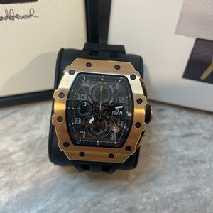 TSAR BOMBA TB8204Q Gold Tone Chronograph Watch Sapphire Crystal 50M